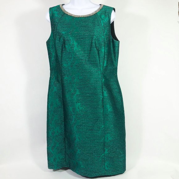 Tahari A.S.L.  Forest Green Rhinestone Neckline Sleeveless Sheath Dress Size 10 - Picture 1 of 5